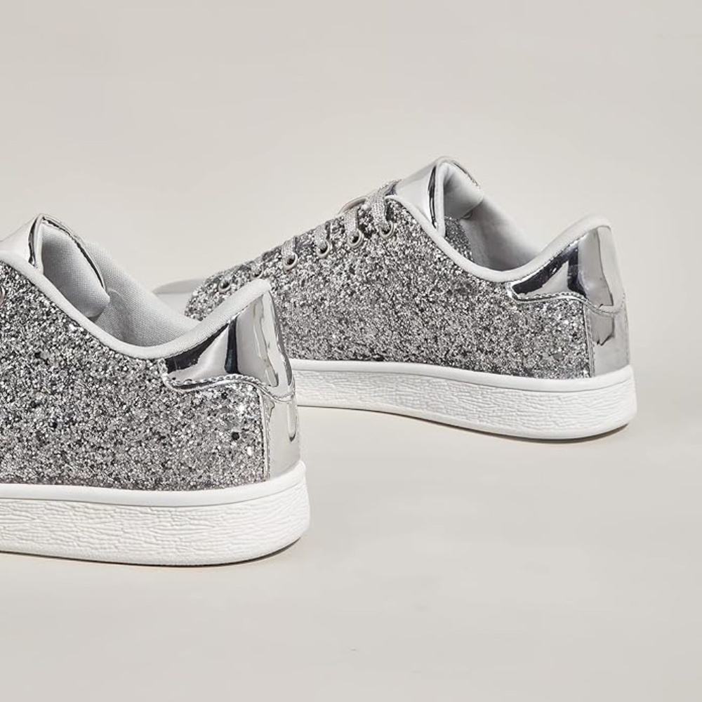 Glitter Shoes Sparkly Bling Shiny Bedazzled Lace up Fashion Sneakers for Women - Picture 3 of 4